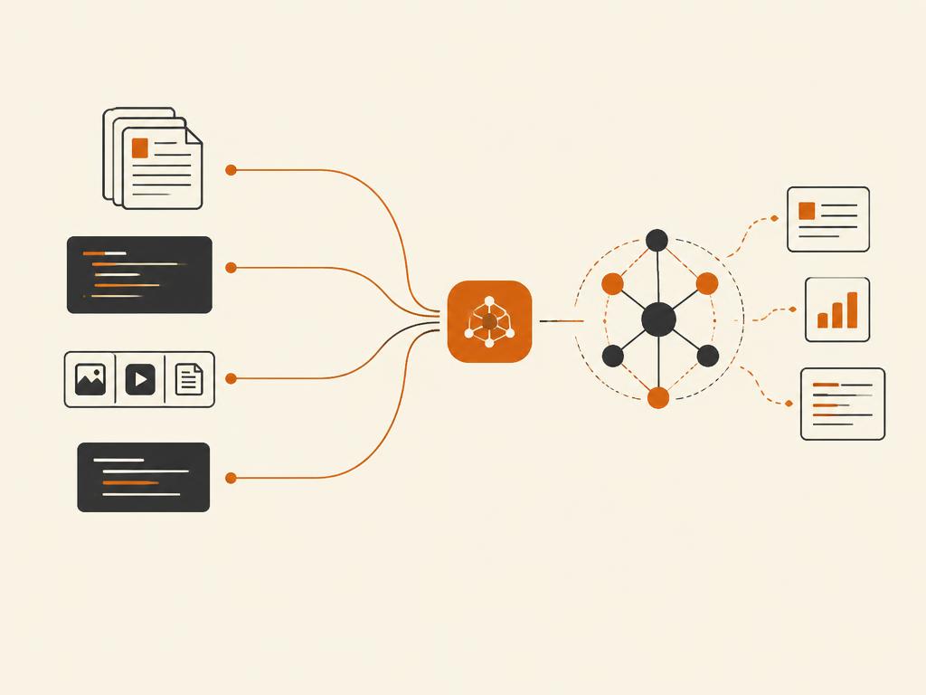 Illustration of documents and code flowing into an AI network